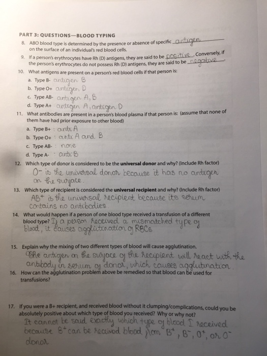 Solved PART 3: QUESTIONS-BLOOD TYPING 8. ABO blood type is | Chegg.com