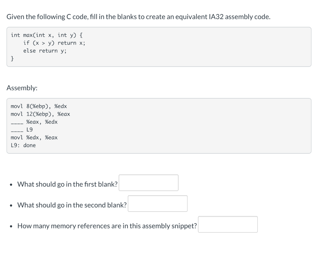 Solved Given the following C code, fill in the blanks to | Chegg.com