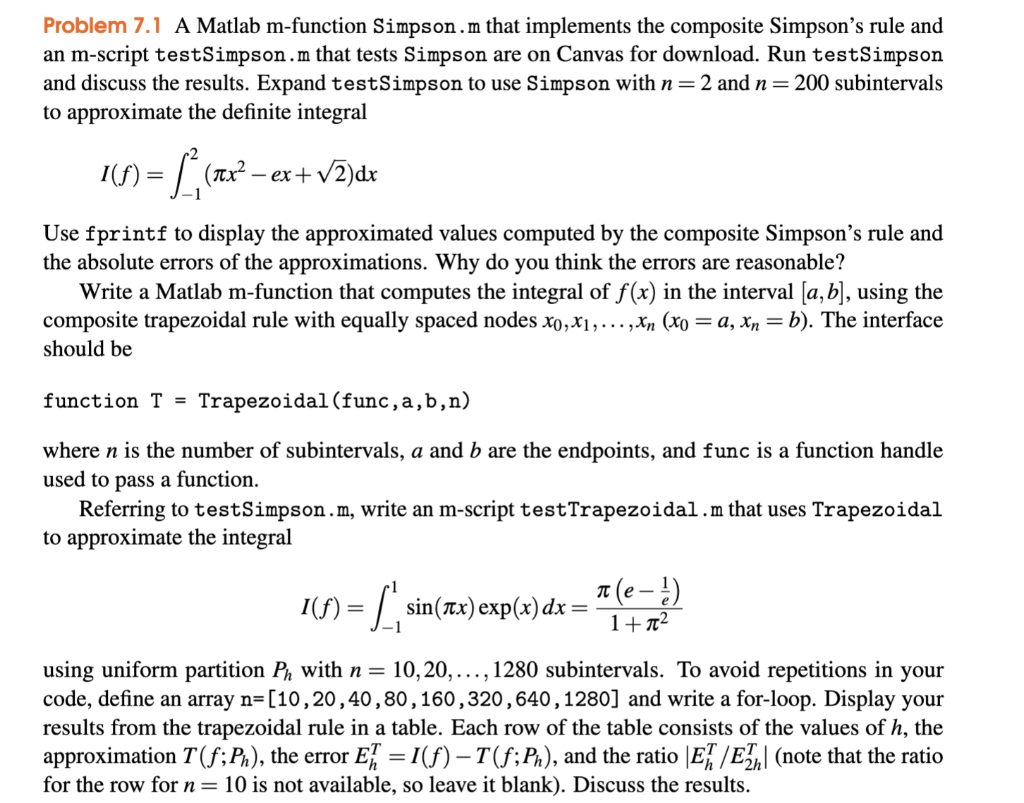 Solved Problem 7.1 A Matlab m-function Simpson.m that | Chegg.com