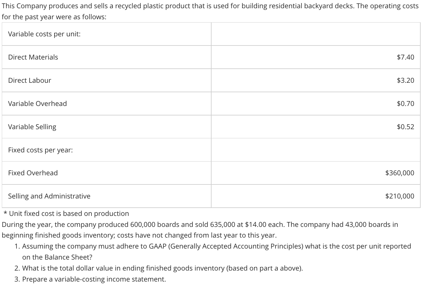 Solved This Company produces and sells a recycled plastic | Chegg.com