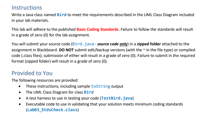 Solved Instructions Write a Java class named Bird to meet | Chegg.com