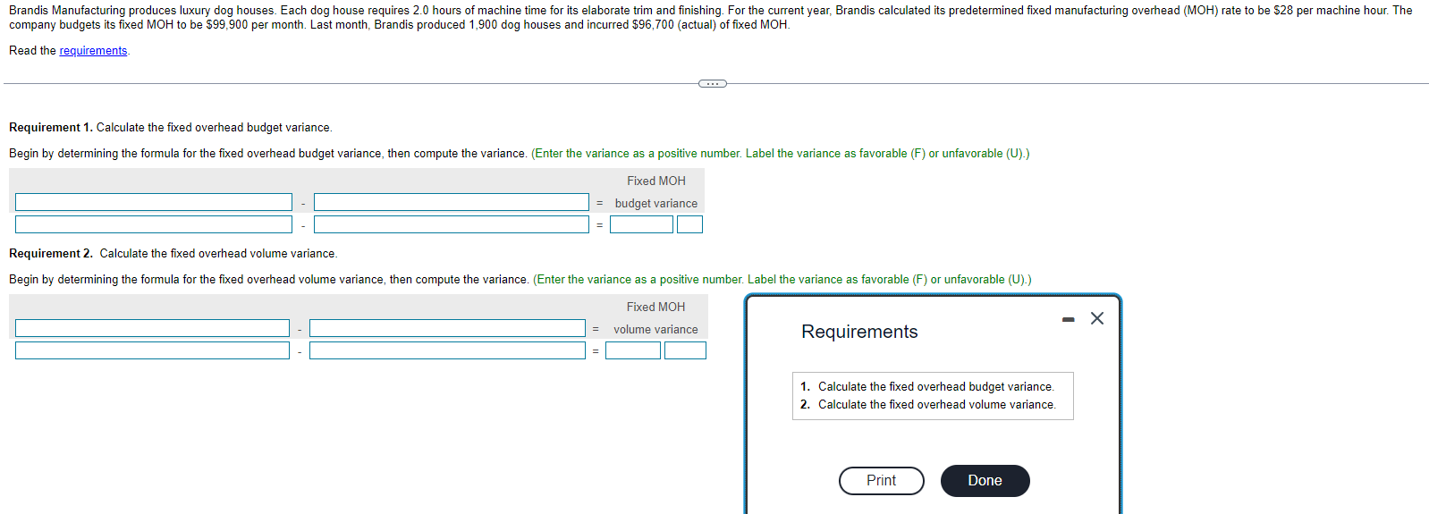 Solved Requirement 1. Calculate the fixed overhead budget