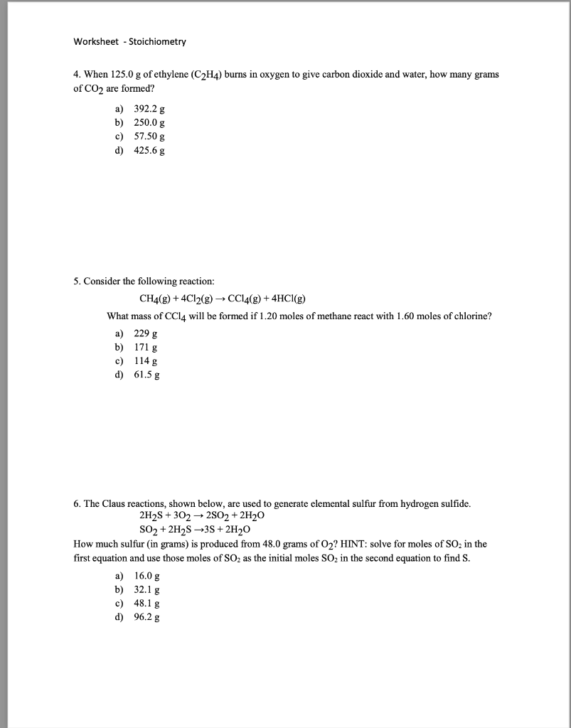 Solved Worksheet Stoichiometry 4. When 125.0 g of ethylene