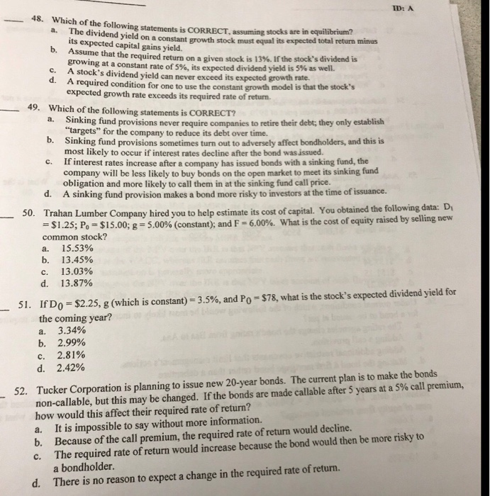 Solved ID: A A. G Statements Is CORRECT, Assuming Stocks Are | Chegg.com