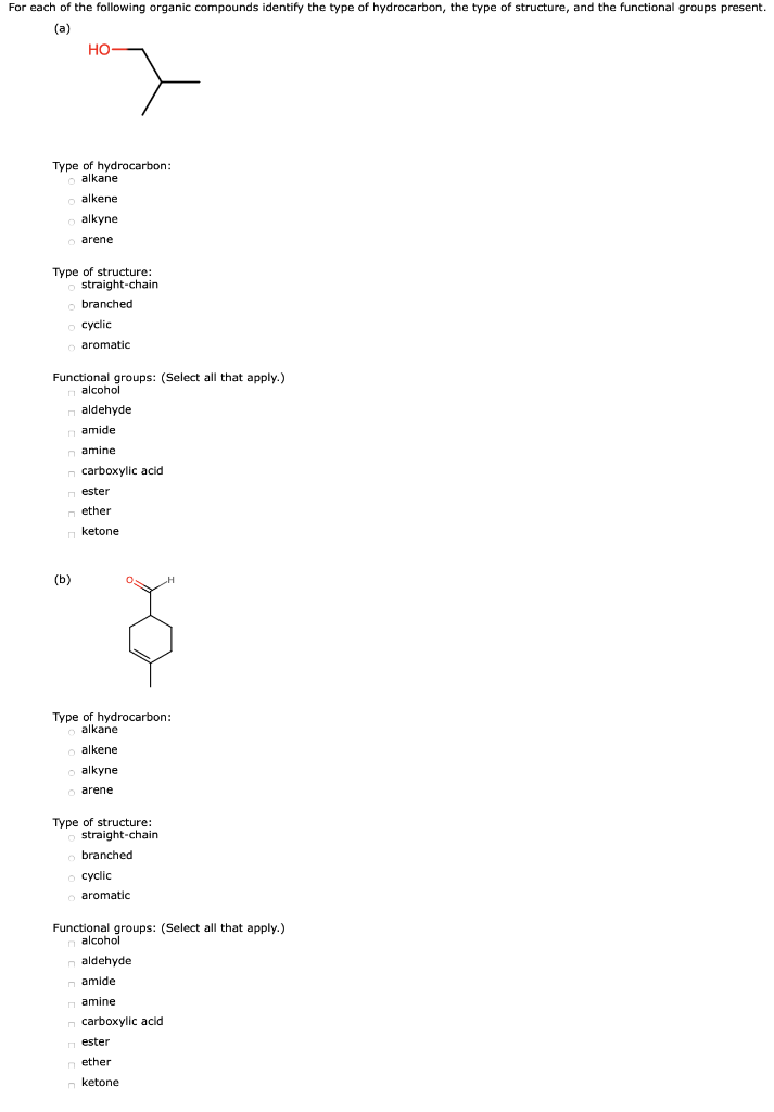 Solved For each of the following organic compounds identify | Chegg.com