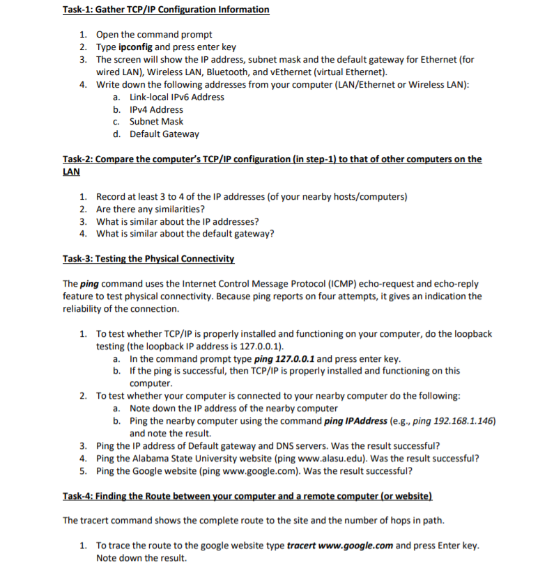 Solved Task-1: Gather TCP/IP Configuration Information 1. | Chegg.com