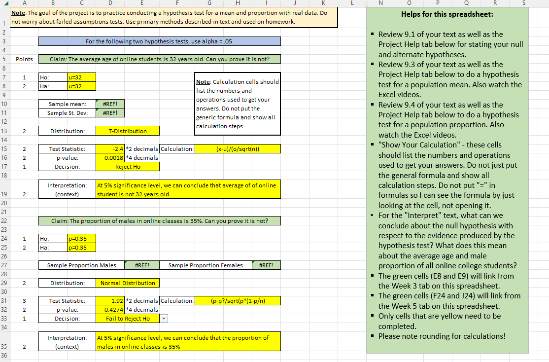 Helps for this spreadsheet:
- Review \( 9.1 \) of your text as well as the Project Help tab below for stating your null and a