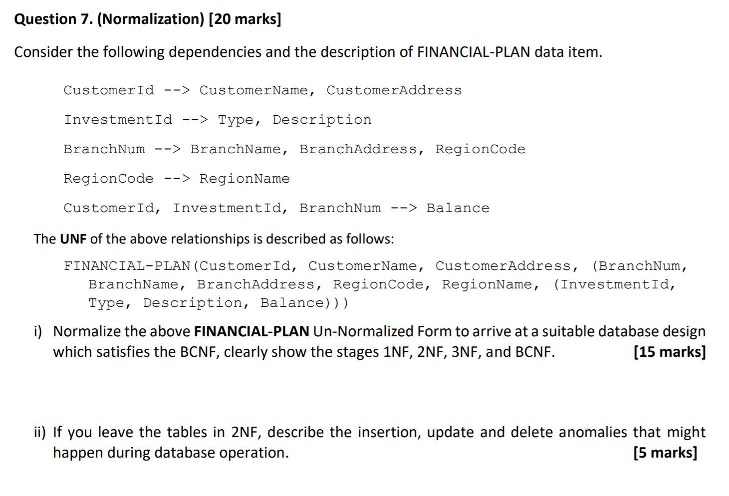 Solved Question 7. (Normalization) [20 marks] Consider the | Chegg.com