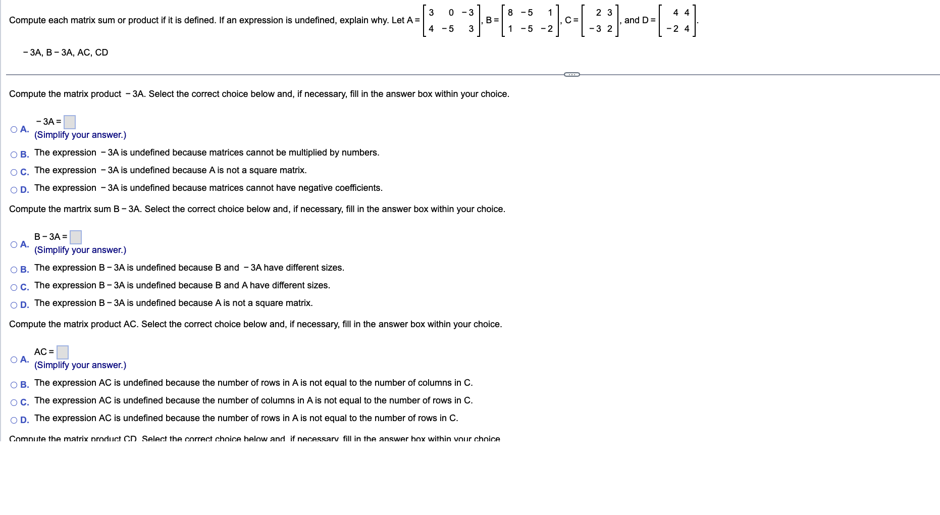 Solved −3A,B−3A,AC,CD Compute the matrix product −3A. Select | Chegg.com