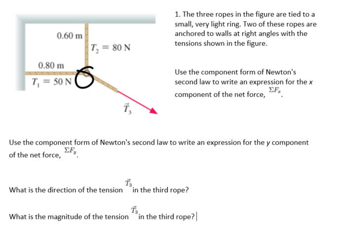Solved 1. The three ropes in the figure are tied to a small, | Chegg.com