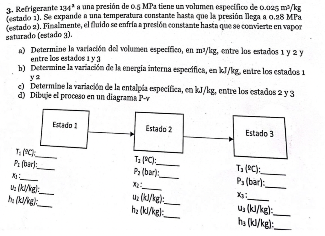 3. Refrigerante \( 134^{\text {a }} \) a una presión de \( 0.5 \mathrm{MPa} \) tiene un volumen específico de \( 0.025 \mathr