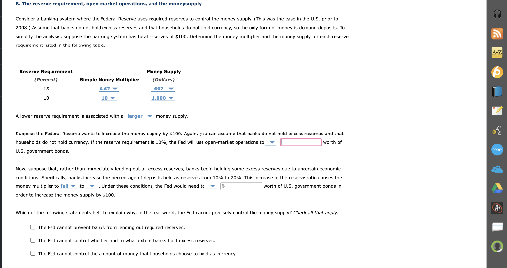 Solved 8. The Reserve Requirement, Open Market Operations, | Chegg.com