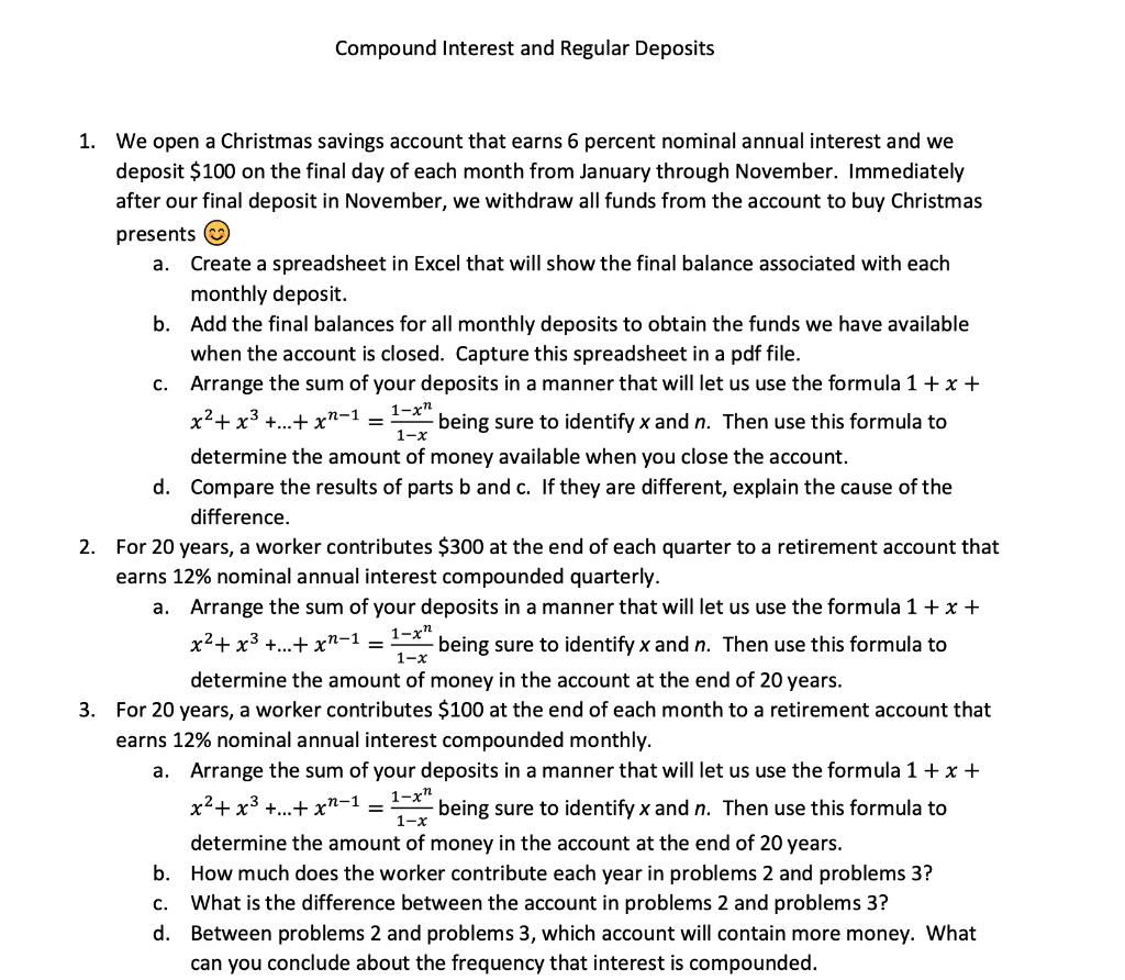 Compound Interest And Regular Deposits 1 X 1 We O Chegg Com