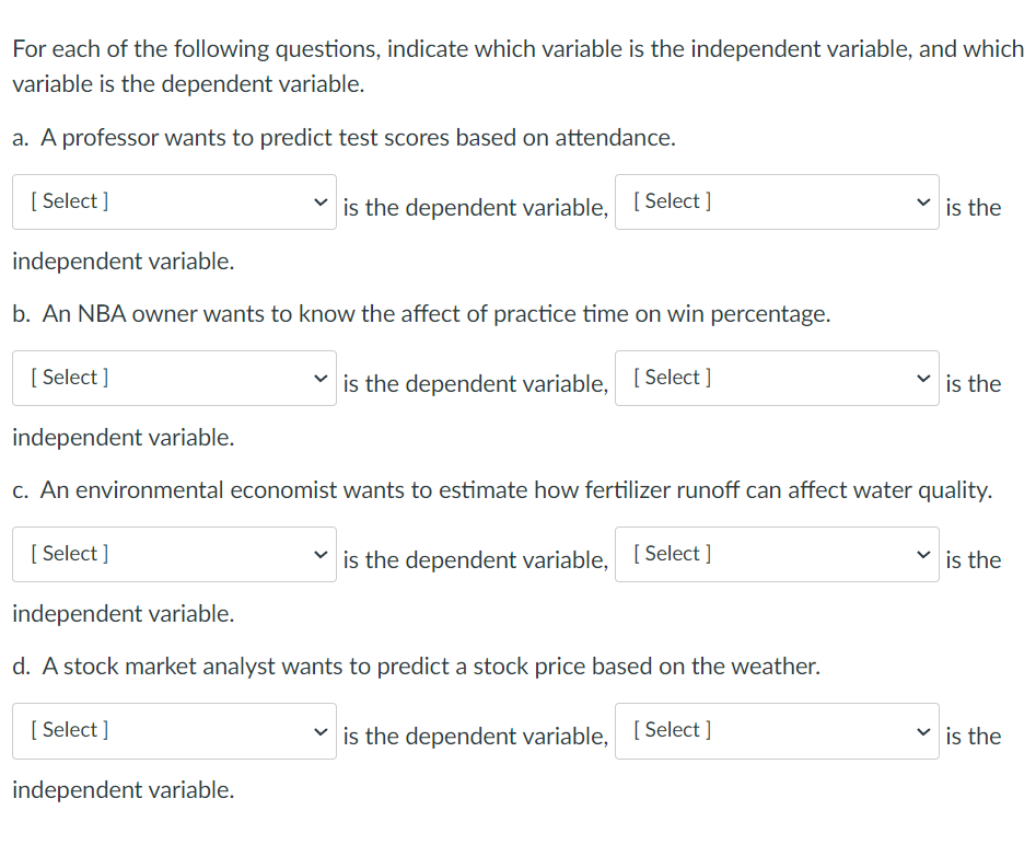 Solved For each of the following questions, indicate which | Chegg.com