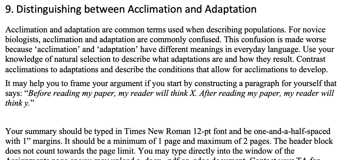 Solved 9. Distinguishing between Acclimation and Adaptation | Chegg.com