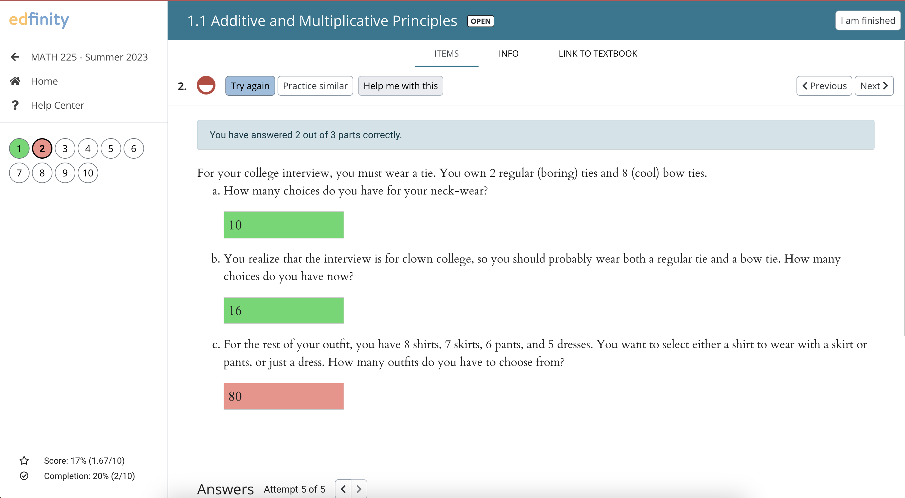 Solved Edfinity ← MATH 225 - Summer 2023 A Home ? Help | Chegg.com