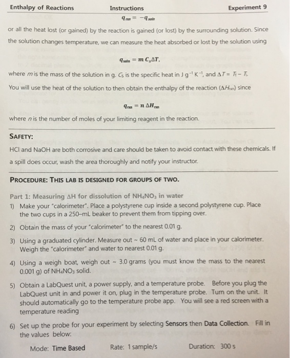 Solved Instructions Experiment 9 Enthalpy of Reactions | Chegg.com