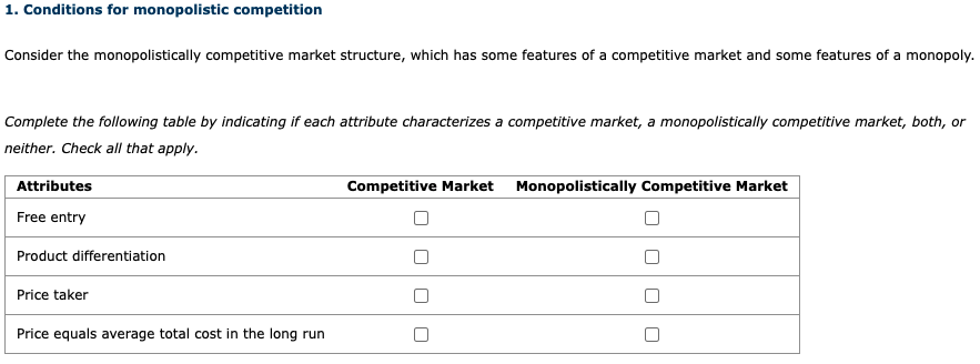 Solved 1. Conditions For Monopolistic Competition Consider | Chegg.com