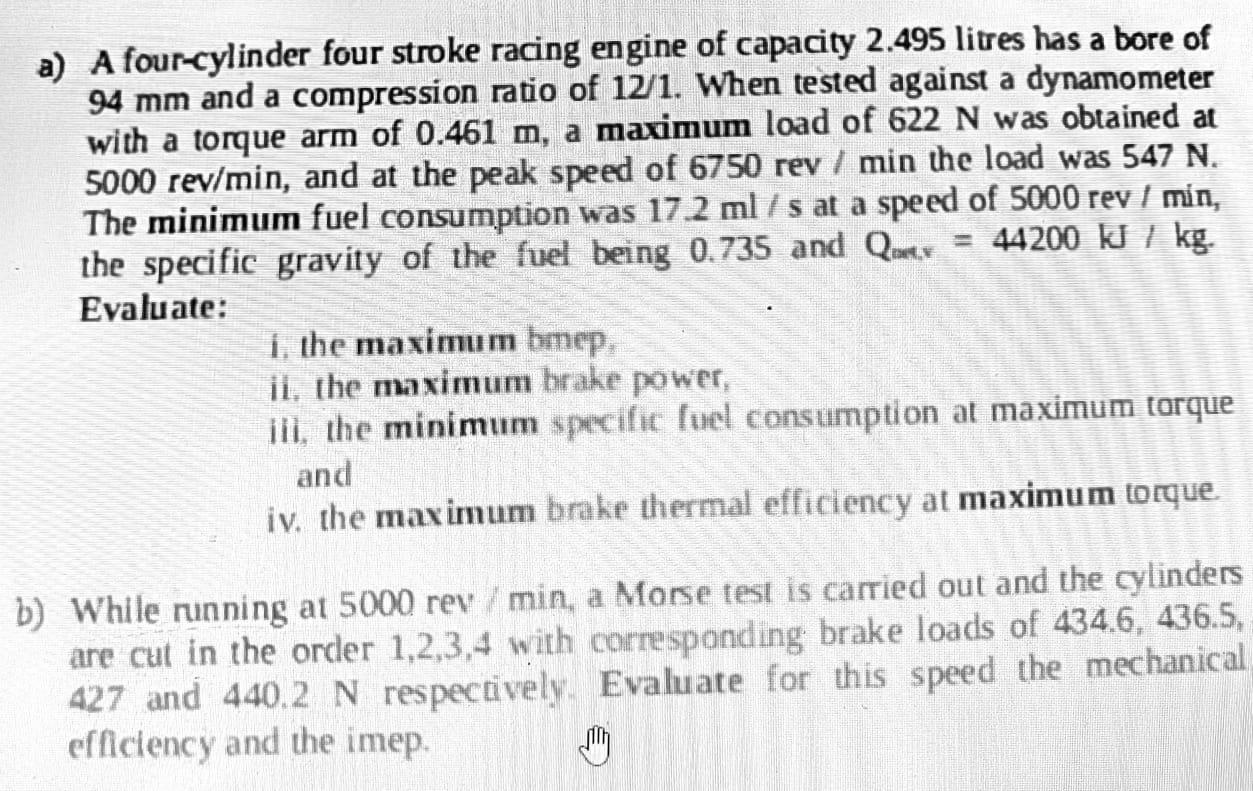 Solved a) A four-cylinder four stroke racing engine of | Chegg.com