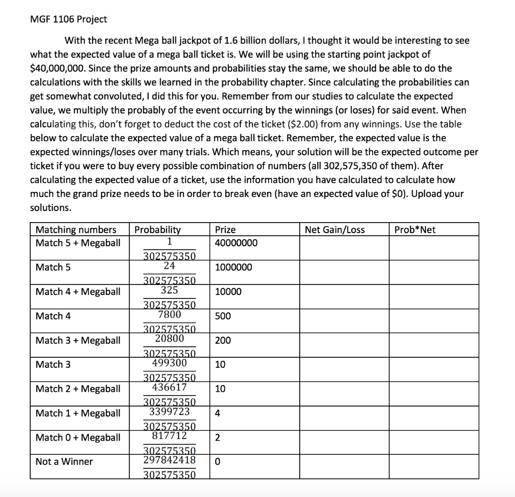 MGF 1106 Project
With the recent Mega ball jackpot of \( 1.6 \) billion dollars, I thought it would be interesting to see wha