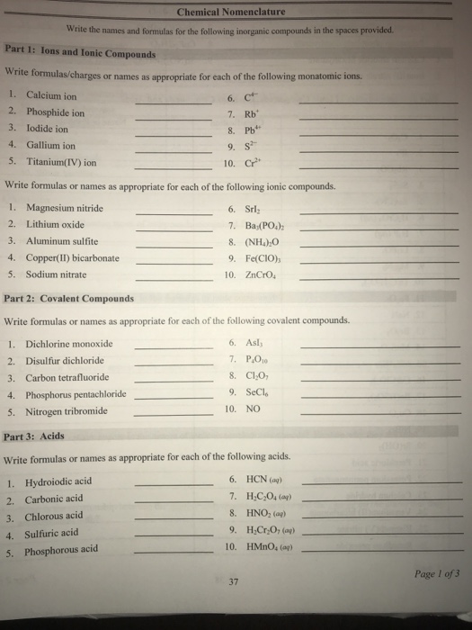 Solved Chemical Nomenclature Write the names and formulas | Chegg.com