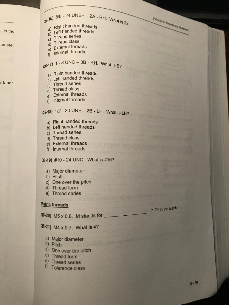 Solved Chapter 8: Threads And Fasteners] Fill In The Q8-9) | Chegg.com