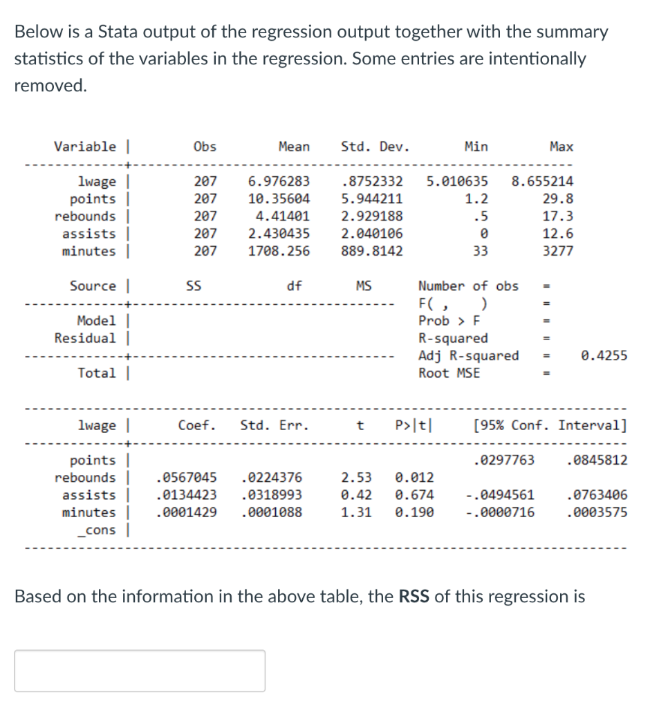 Below Is A Stata Output Of The Regression Output | Chegg.com