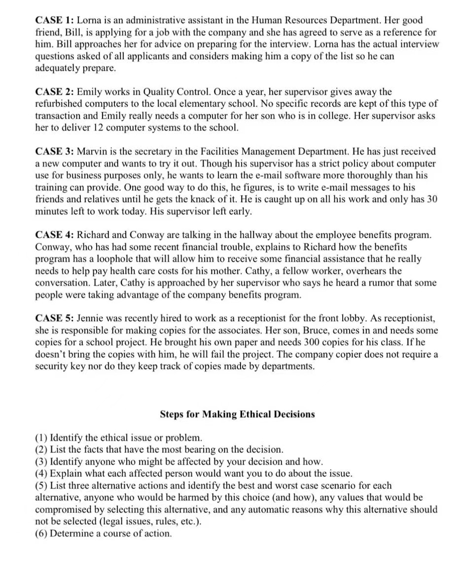 Solved CASE 1 Lorna is an administrative assistant in the