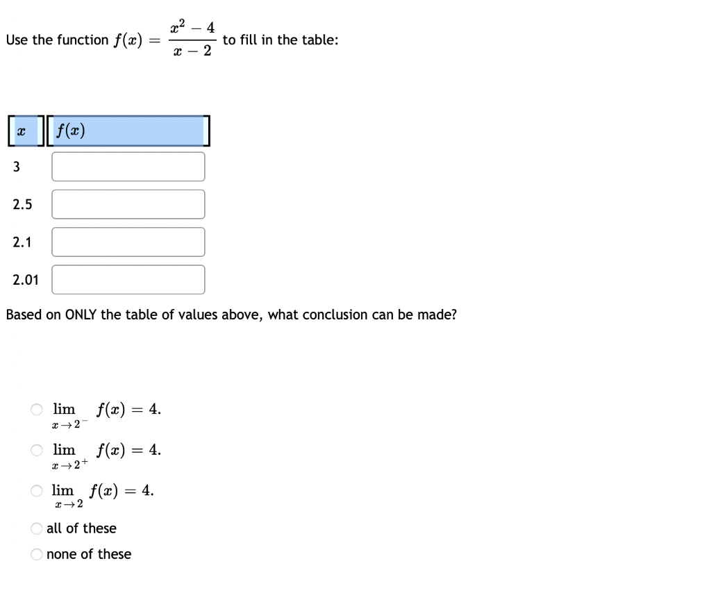 Solved 22 4 Use the function f(x) to fill in the table: 2 2 | Chegg.com