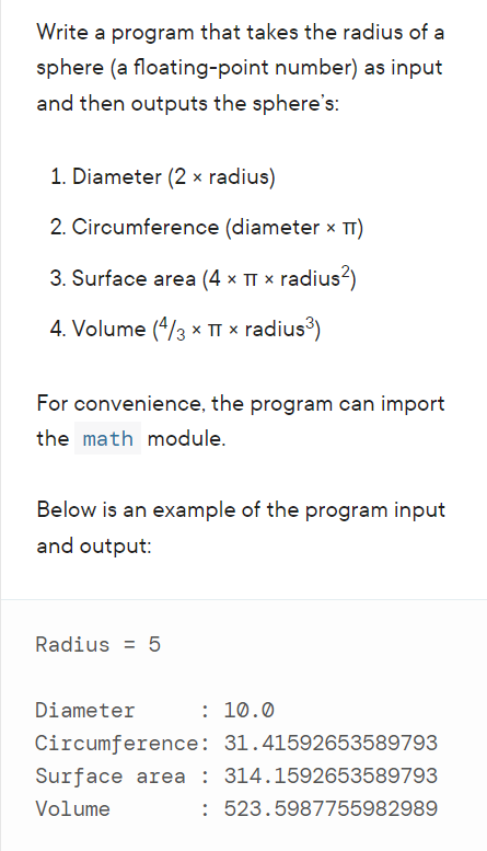 Solved Write a program that takes the radius of a sphere (a | Chegg.com