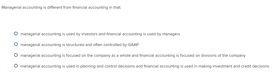 Solved Managerial accounting is different from financial | Chegg.com