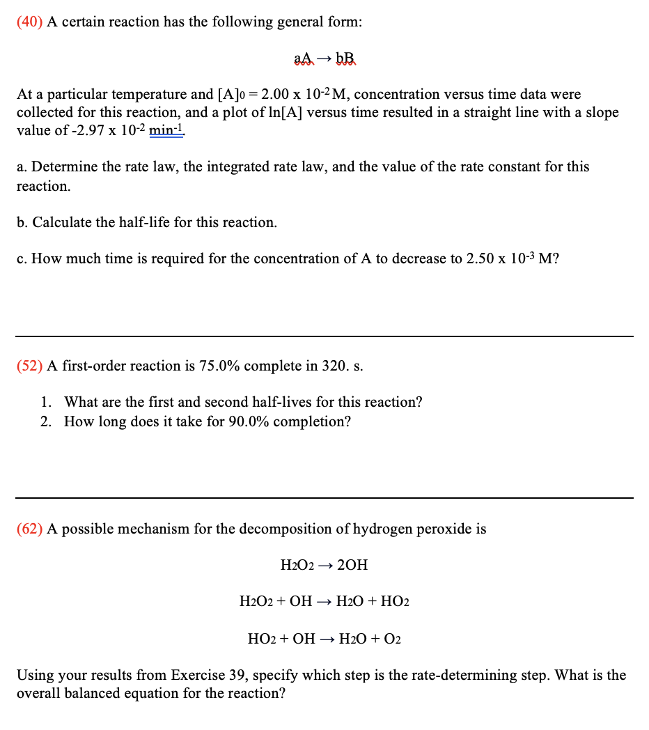 Solved (40) A certain reaction has the following general | Chegg.com