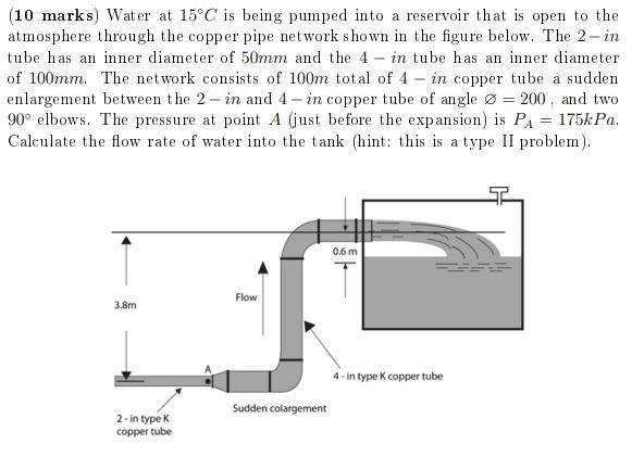 Solved (10 marks) Water at 15°C is being pumped into a | Chegg.com