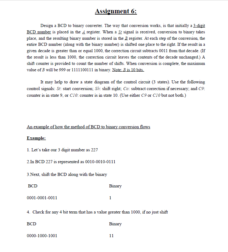 Assignment 6: Design a BCD to binary converter. The | Chegg.com