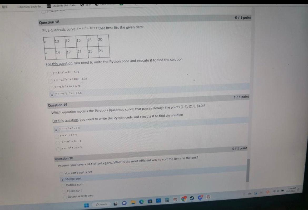 Solved Fit A Quadratic Curve Y=ax2+bx+c That Best Fits The | Chegg.com