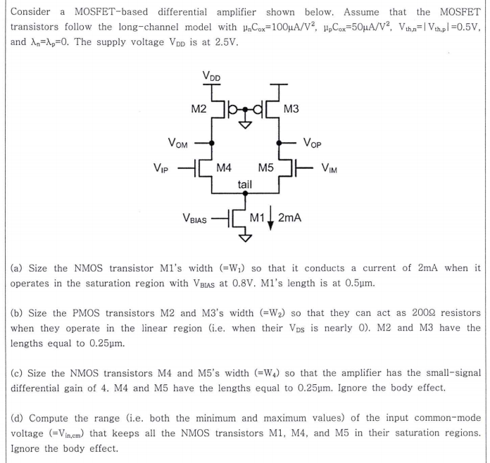 Solved Consider A MOSFET-based Differential Amplifier Shown | Chegg.com