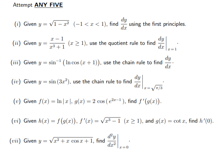 Solved Attempt ANY FIVE dy (i) Given y= V1 – 22 (-1 1), use | Chegg.com