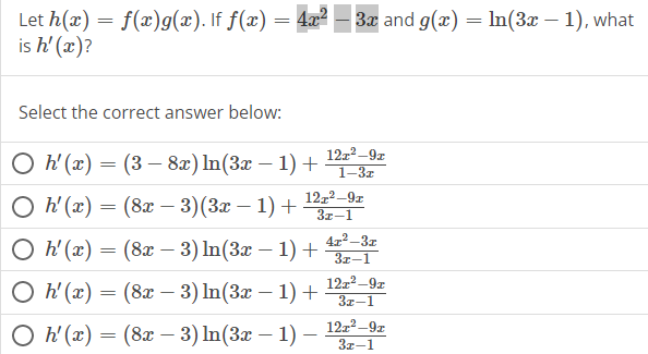 Solved Let Hxfxgx If Fx4x2−3x And Gxln3x−1 8414