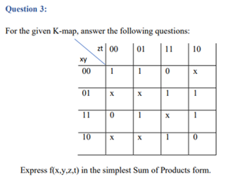 Solved Question 3: For the given K-map, answer the following | Chegg.com
