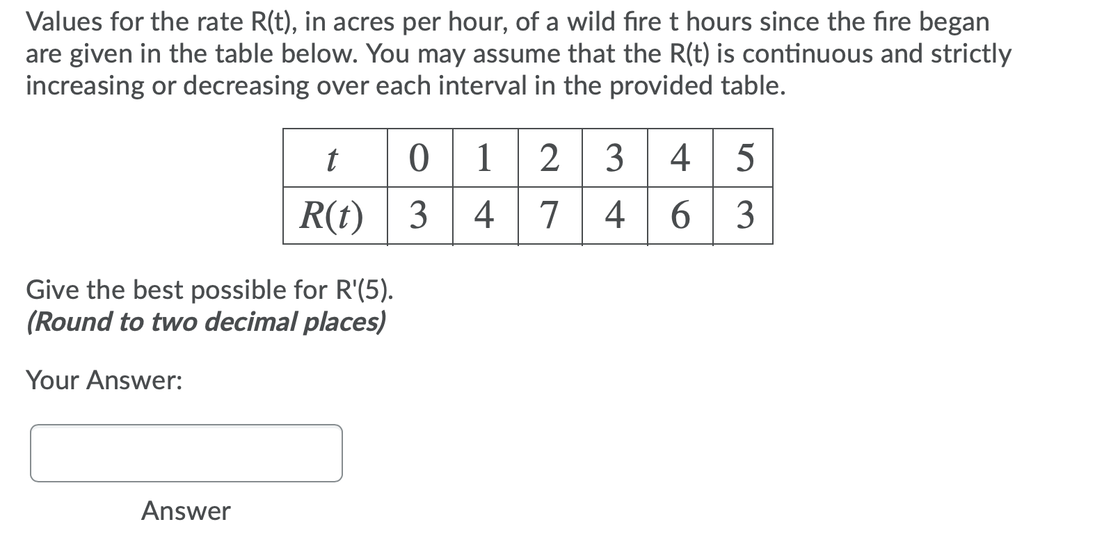 Solved Values for the rate R(t), in acres per hour, of a