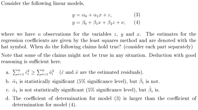 Solved Consider The Following Linear Models, | Chegg.com