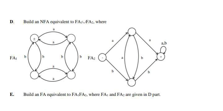 Solved D. Build an NFA equivalent to FA UFA2, where a,b FA b | Chegg.com