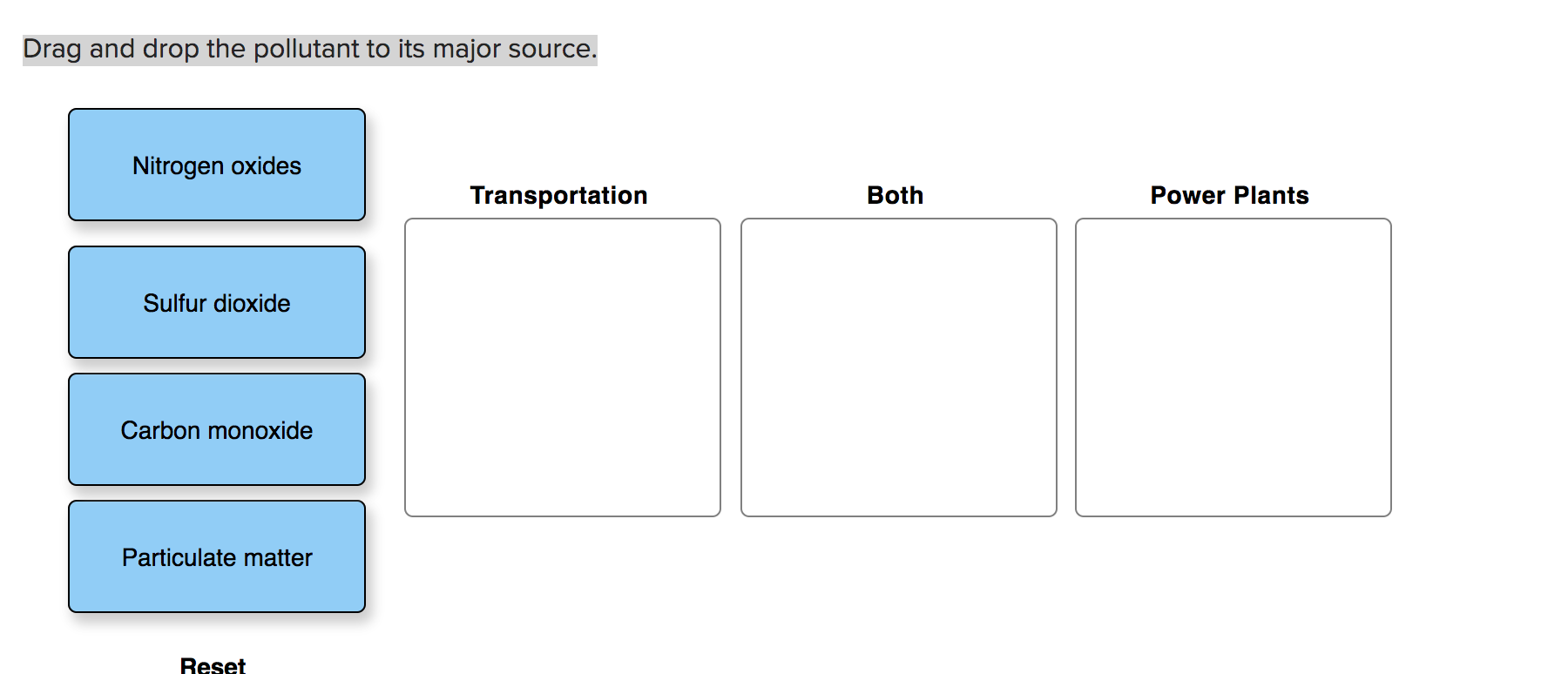 Drag And Drop The Pollutant To Its Major Source. 