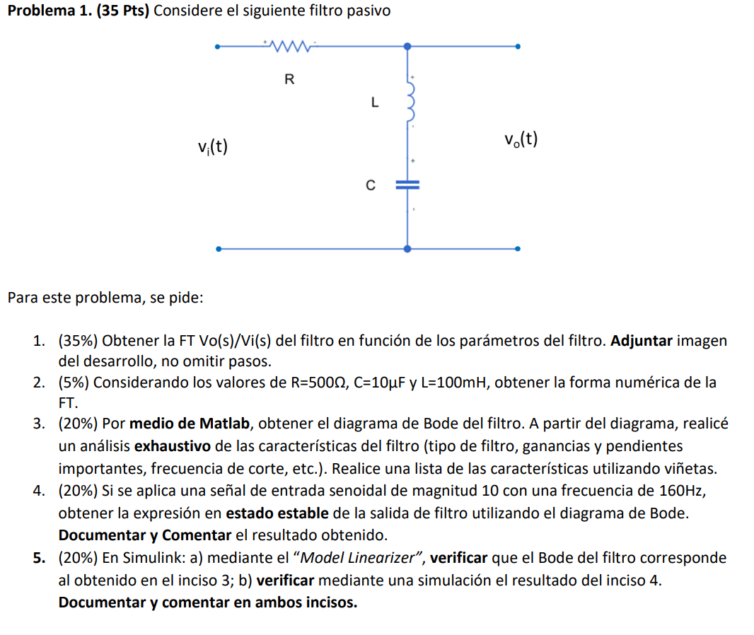 Problema 1. (35 Pts) Considere el siguiente filtro pasivo Para este problema, se pide: 1. (35\%) Obtener la FT Vo(s)/Vi(s) d