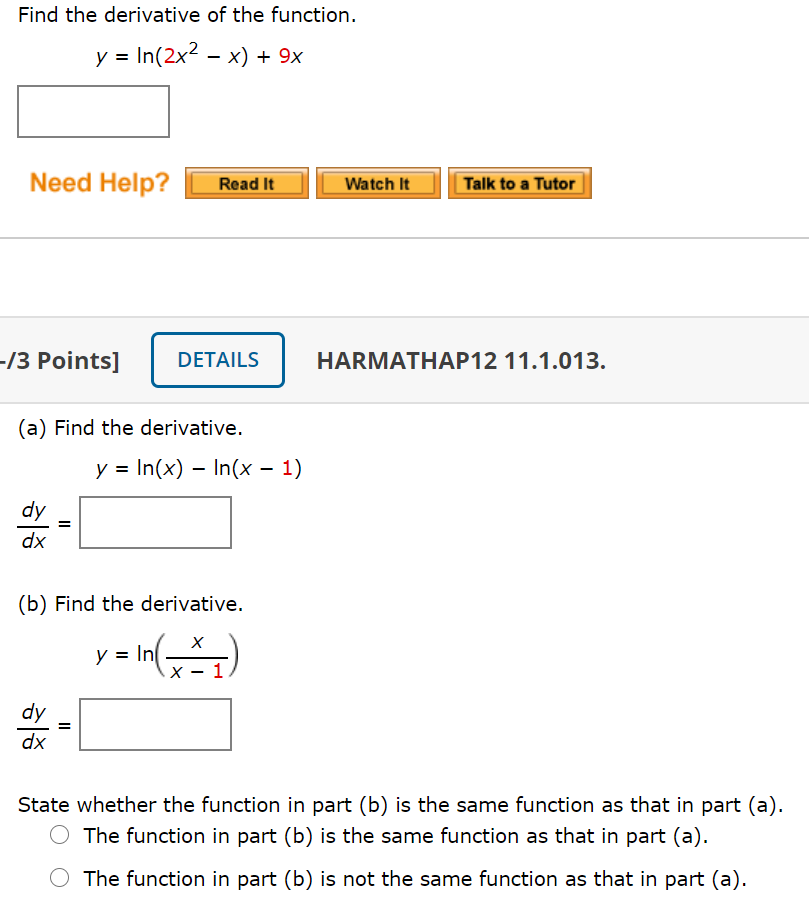 Solved Find the derivative of the function. y = In(2x2 – x) | Chegg.com