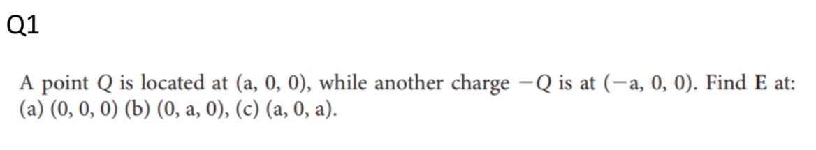 Solved A point Q is located at (a,0,0), while another charge | Chegg.com
