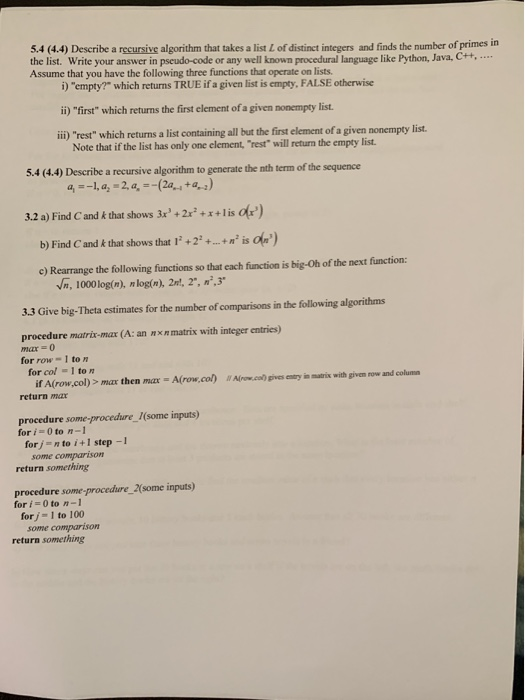 Solved 5.4 (4.4) Describe a recursive algorithm that takes a | Chegg.com