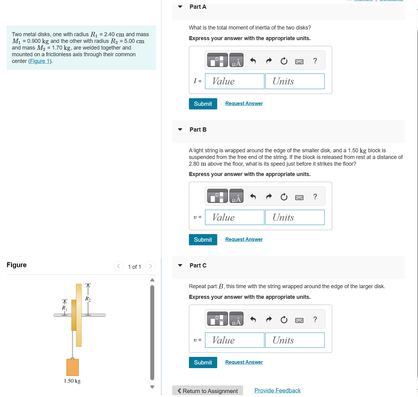 Solved Two metal disks, one with radius R1=2.40 cm and mass