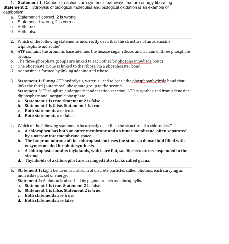 Solved 1. Statement 1: Catabolic reactions are synthesis | Chegg.com