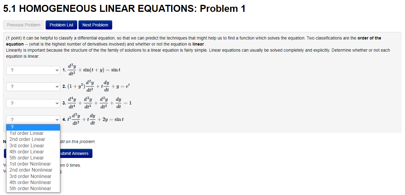 Solved 5.1 HOMOGENEOUS LINEAR EQUATIONS: Problem 1 Previous | Chegg.com